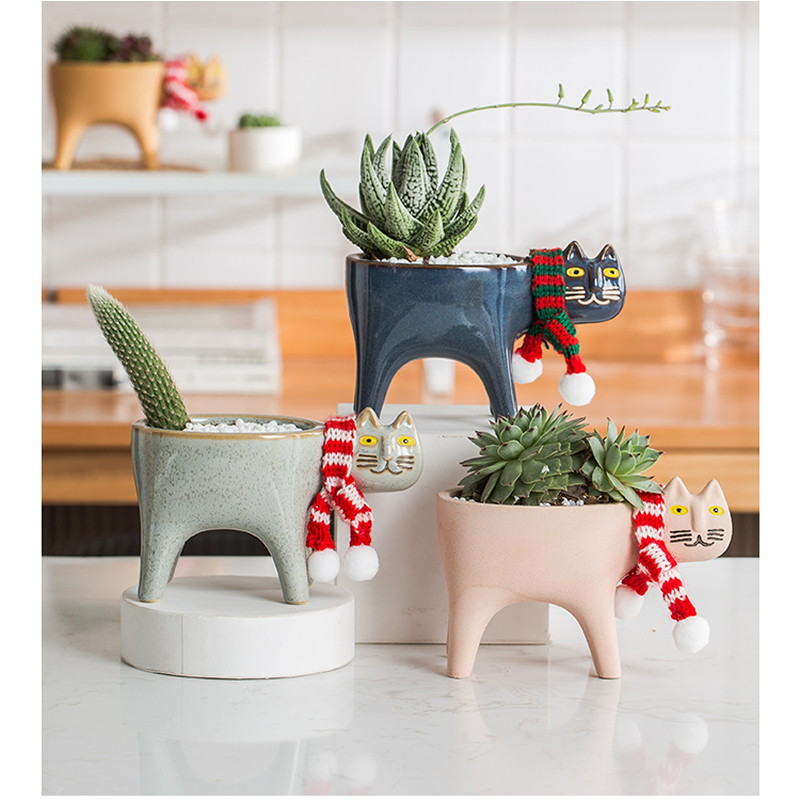 Pastoral Cat Desktop Small Flower Pot Cactus Pot