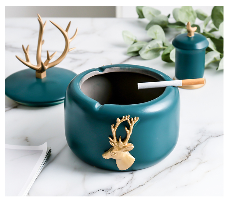 Golden Antlers Living Room Dark Green Ceramic Ashtray
