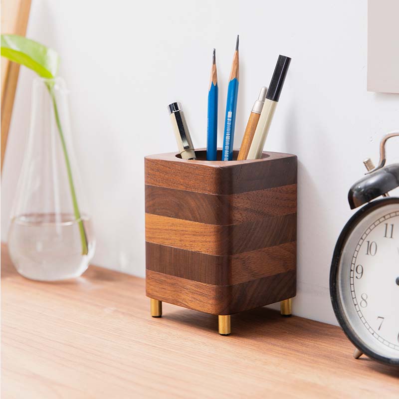 Classic Square Black Walnut Wood Office Organize Pen Holder