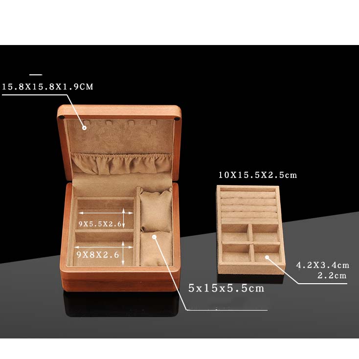 Square Wooden Storage Box Jewelry Ring Necklace Organizing