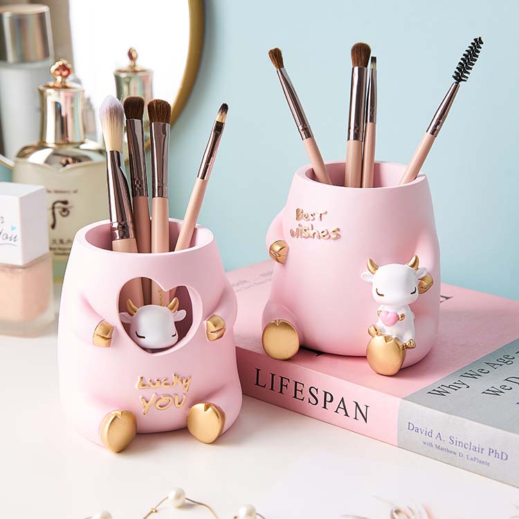 Cute Cartoon Pink Cow Office Desktop Organize Storage Pen Holder