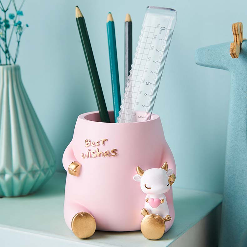 Cute Cartoon Pink Cow Office Desktop Organize Storage Pen Holder