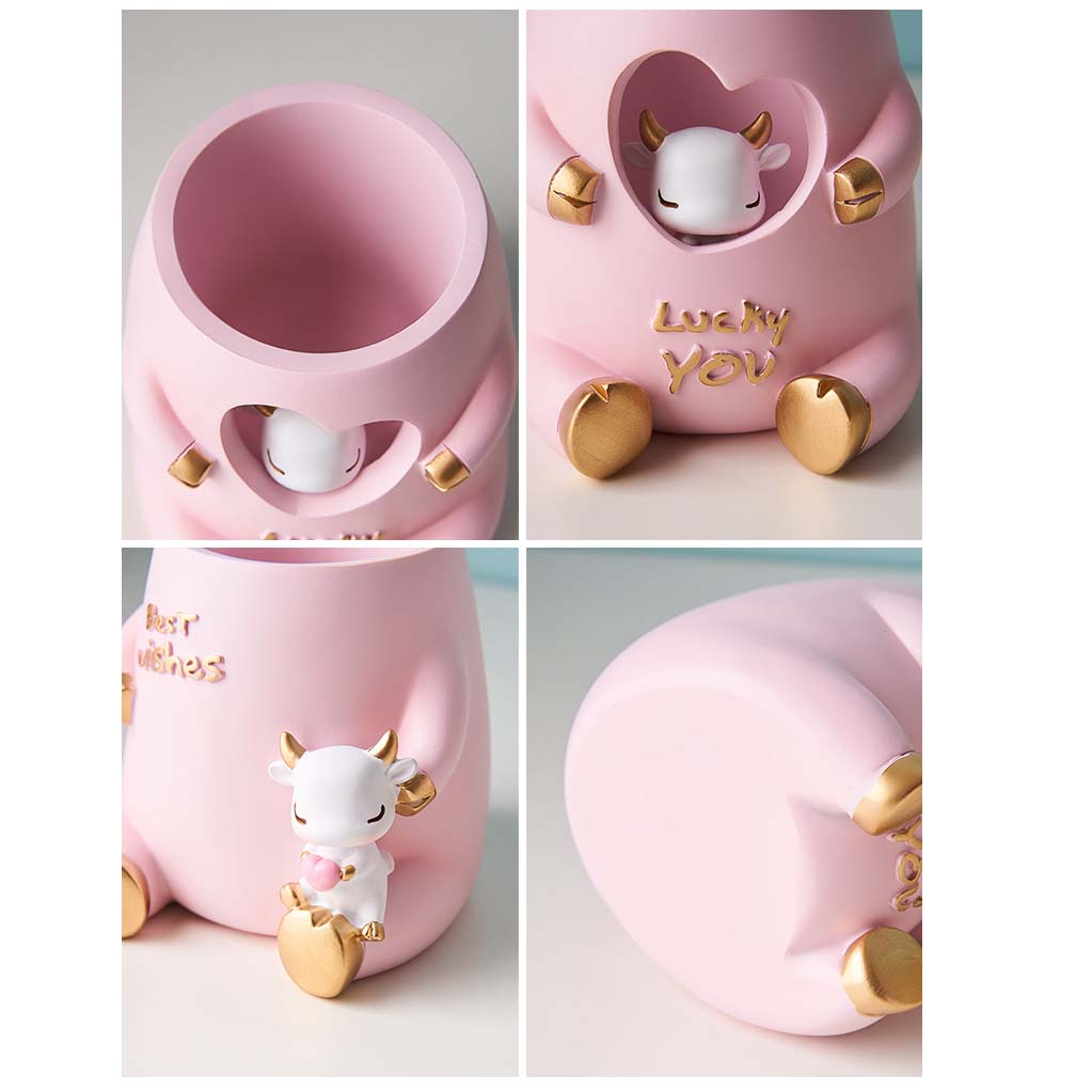 Cute Cartoon Pink Cow Office Desktop Organize Storage Pen Holder