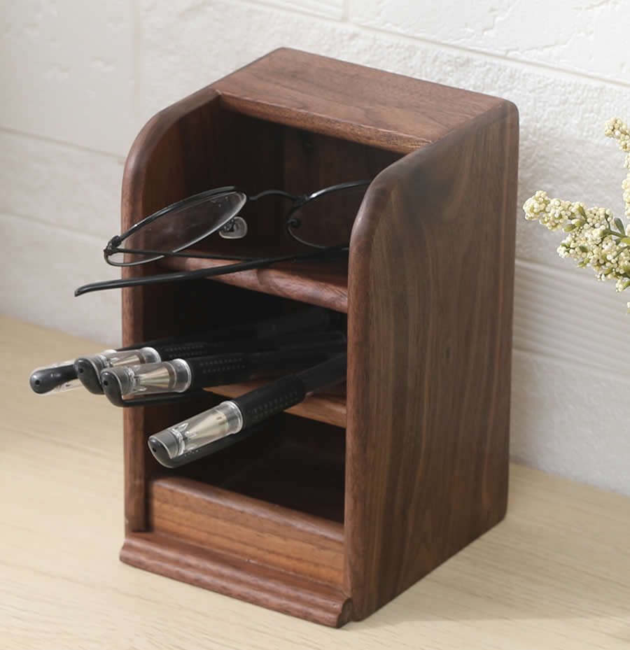 Black Walnut Wood Desk Organizer Pen Holder With Multiple Compartments