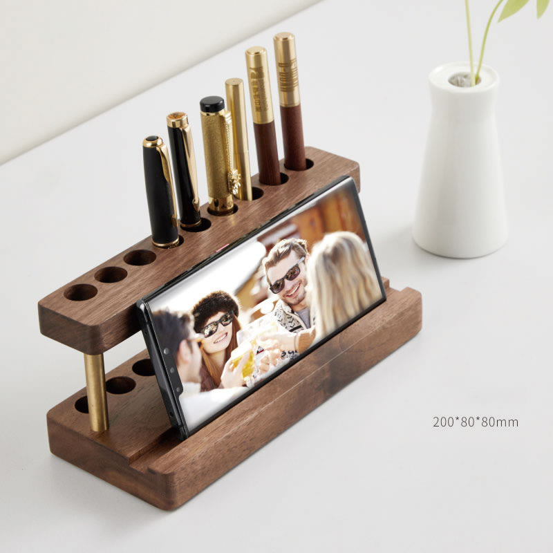 Black Walnut Wood Multi-Slot Pen Holder With Phone Stand