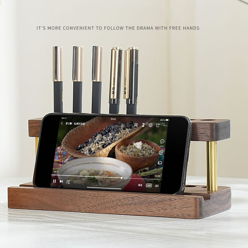 Black Walnut Wood Multi-Slot Pen Holder With Phone Stand