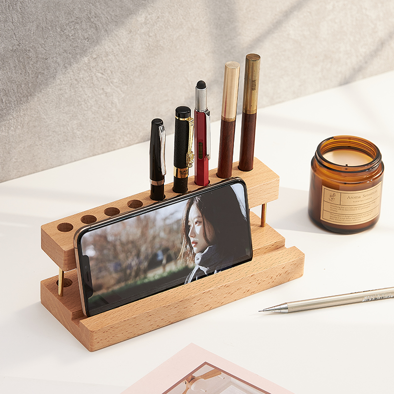 Black Walnut Wood Multi-Slot Pen Holder With Phone Stand