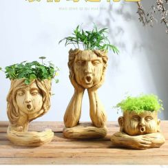Retro Abstract People Facial Expression Plant Flower Pot