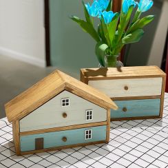 Pastoral Wooden Small House Desktop Drawer Organizer Storage Box