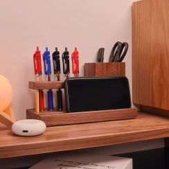 Black Walnut Wood Office Organizer with Multiple Pen Holders and Phone Stand